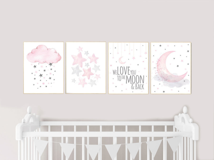 Nursery decor girl, pink grey nursery prints, Nursery wall art girl, we love you to the moon and back, pink gray nursery, moon, cloud, stars