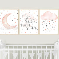 Nursery decor girl coral, twinkle twinkle little star, cloud and stars, moon and stars nursery, coral and gray, coral nursery, girls room