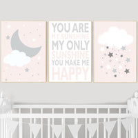 Blush nursery art, you are my sunshine my only sunshine, nursery decor, pale pink, moon nursery, baby girl nursery wall art, pink wall art