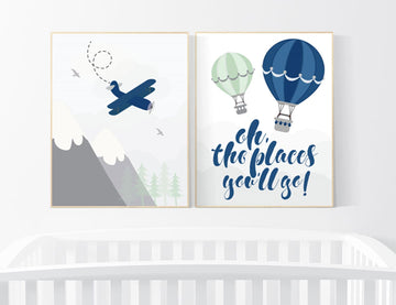 Nursery decor boy adventure, nursery decor mountain, plane nursery, navy mint, boy nursery wall art, adventure nursery, hot air balloons