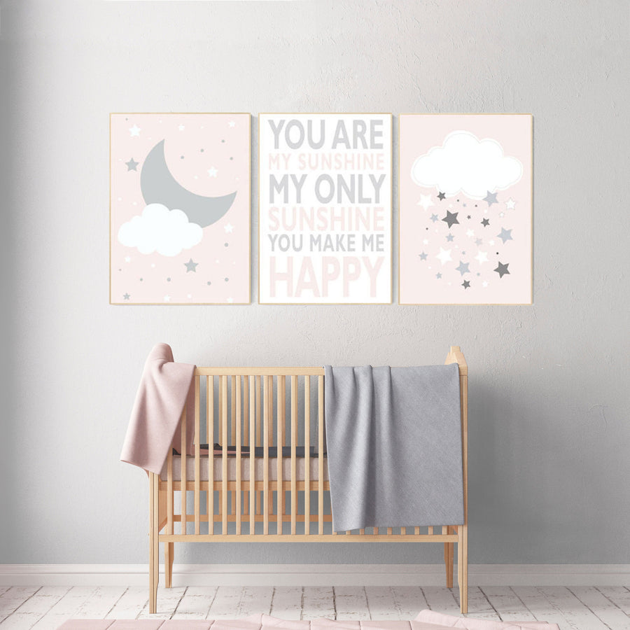 Blush nursery art, you are my sunshine my only sunshine, nursery decor, pale pink, moon nursery, baby girl nursery wall art, pink wall art