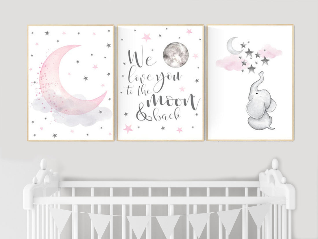 Nursery decor girl pink and gray, elephant nursery, we love you to the moon and back, cloud, moon and stars, pink grey nursery, girl nursery