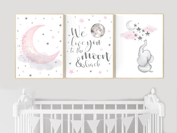Nursery decor girl pink and gray, elephant nursery, we love you to the moon and back, cloud, moon and stars, pink grey nursery, girl nursery