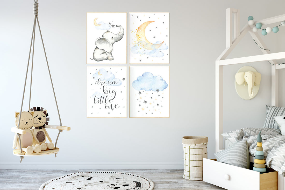 Nursery decor elephant, gender neutral, dream big little one, moon and cloud nursery decor, Nursery decor neutral, yellow blue, twin nursery