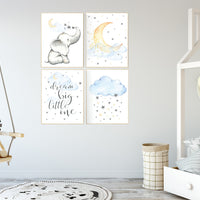 Nursery decor elephant, gender neutral, dream big little one, moon and cloud nursery decor, Nursery decor neutral, yellow blue, twin nursery