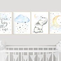 Nursery decor elephant, gender neutral, dream big little one, moon and cloud nursery decor, Nursery decor neutral, yellow blue, twin nursery