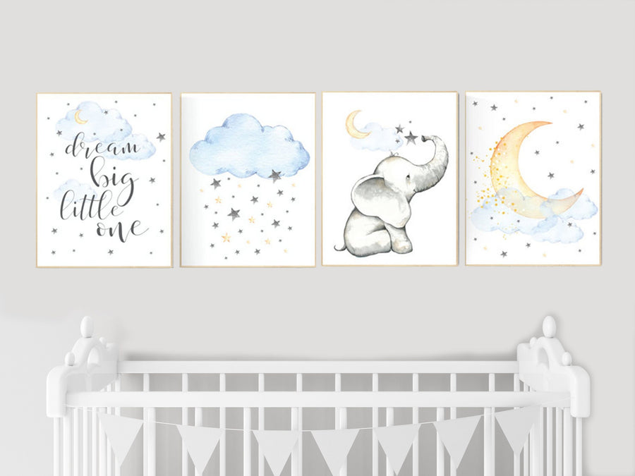 Nursery decor elephant, gender neutral, dream big little one, moon and cloud nursery decor, Nursery decor neutral, yellow blue, twin nursery