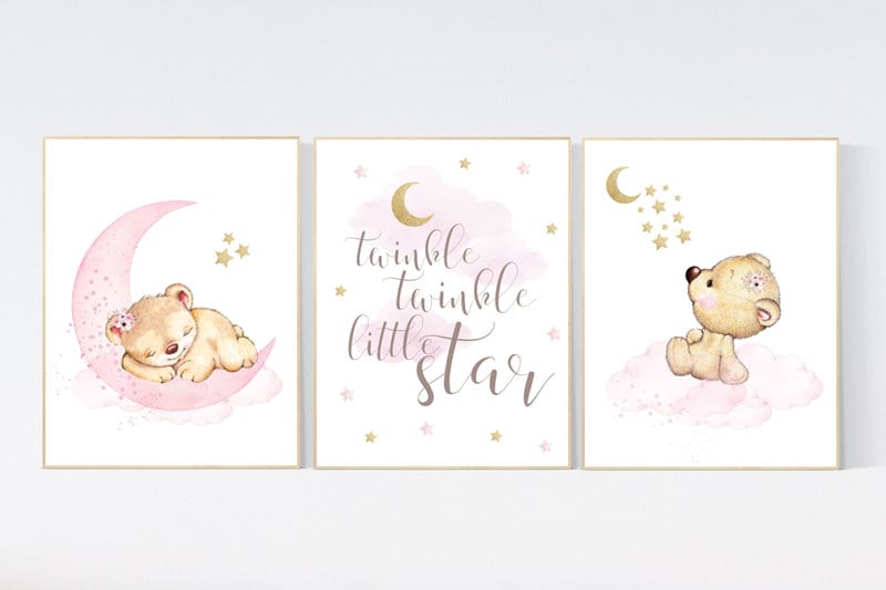 Nursery decor girl, bear nursery decor, twinkle twinkle little star, girl wall art, nursery wall art girl nursery pink gold, nursery art