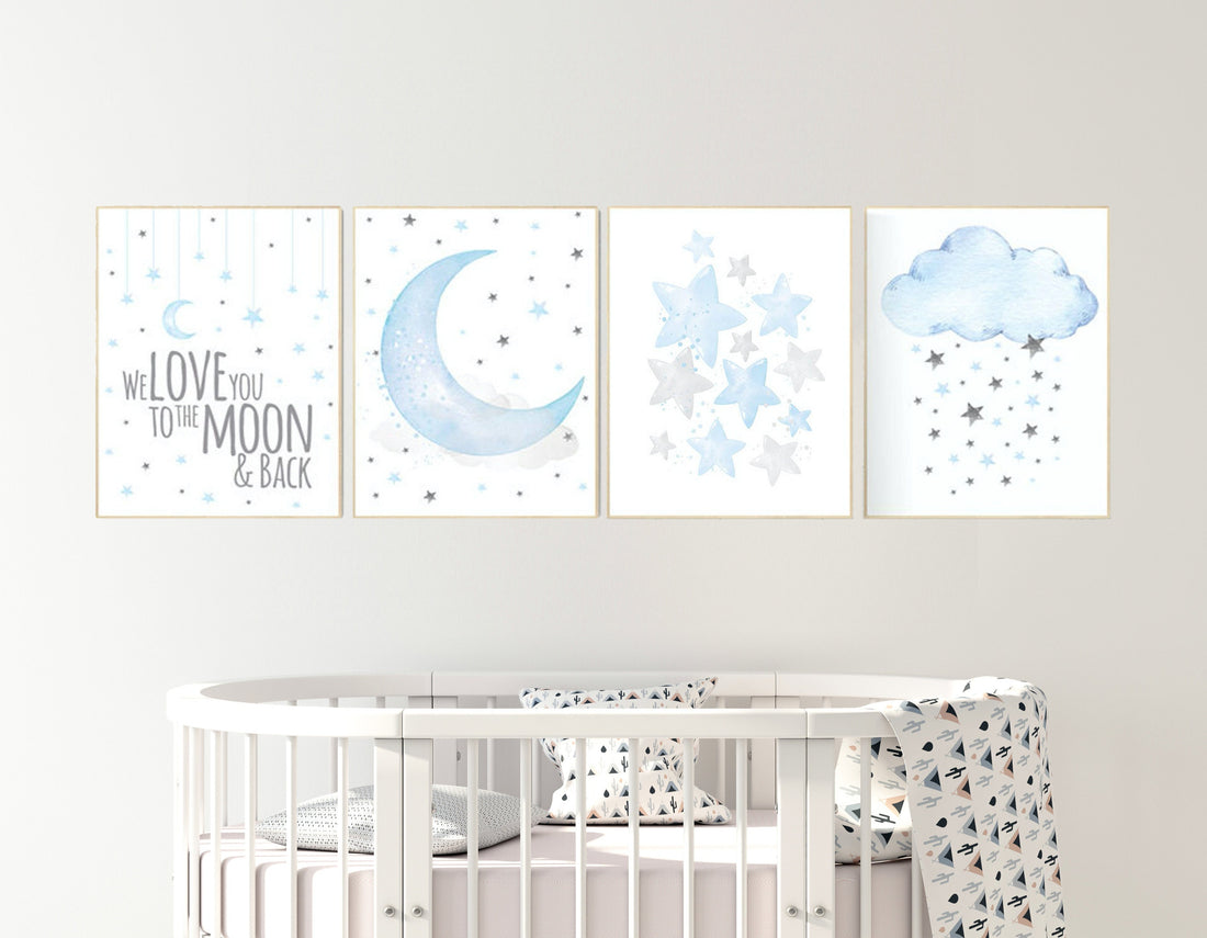 Nursery decor boy, cloud, moon, stars, we love you to the moon and back, boy nursery room, blue grey, blue grey, boy nursery ideas