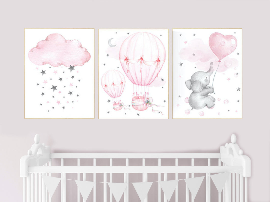 Elephant nursery, hot air balloon, Nursery decor girl, nursery wall art, pink grey, cloud and stars nursery, pink grey, pink gray, prints