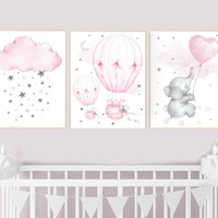 Elephant nursery, hot air balloon, Nursery decor girl, nursery wall art, pink grey, cloud and stars nursery, pink grey, pink gray, prints