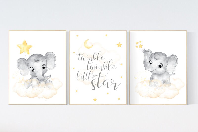 Nursery decor girl yellow, gender neutral, yellow nursery, nursery wall art elephant, moon, stars, yellow and gray nursery art, baby room