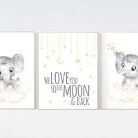 Nursery decor neutral, Yellow nursery, nursery wall art elephant, moon, stars, gender neutral, yellow and gray nursery art, baby room art