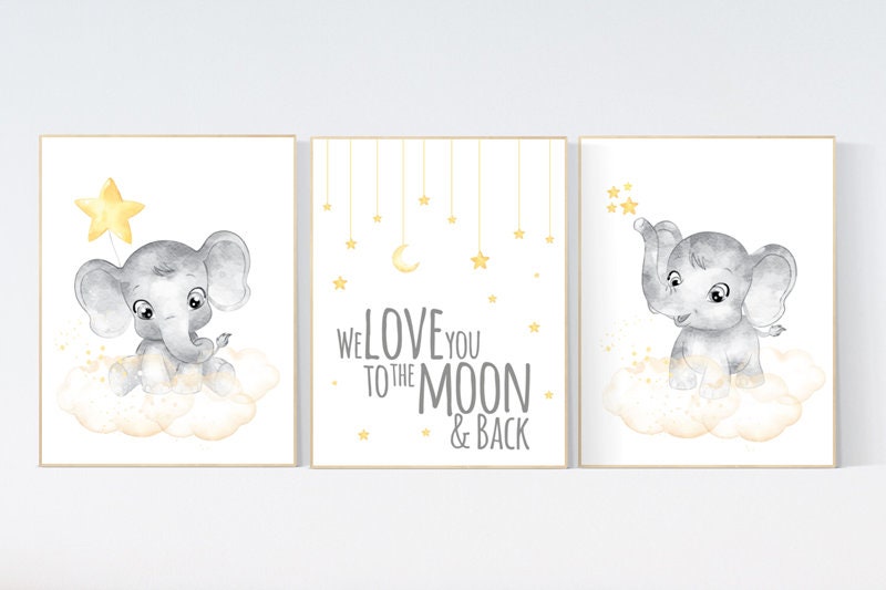 Nursery decor neutral, Yellow nursery, nursery wall art elephant, moon, stars, gender neutral, yellow and gray nursery art, baby room art