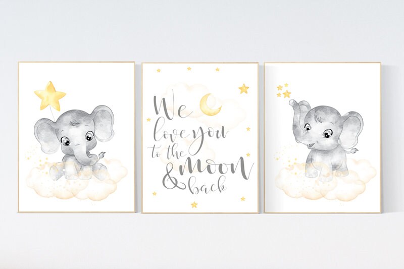 Nursery decor neutral, Yellow nursery, nursery wall art elephant, moon, stars, gender neutral, yellow and gray nursery art, baby room art
