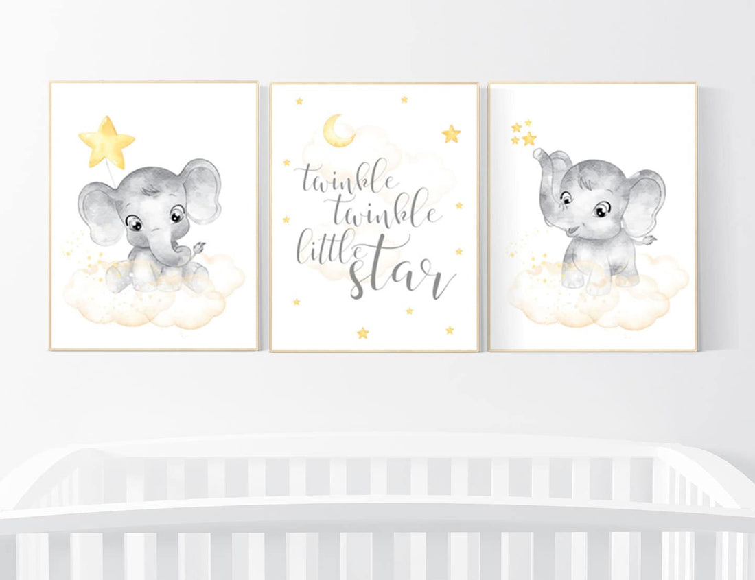 Nursery decor girl yellow, gender neutral, yellow nursery, nursery wall art elephant, moon, stars, yellow and gray nursery art, baby room