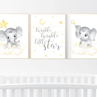 Nursery decor girl yellow, gender neutral, yellow nursery, nursery wall art elephant, moon, stars, yellow and gray nursery art, baby room