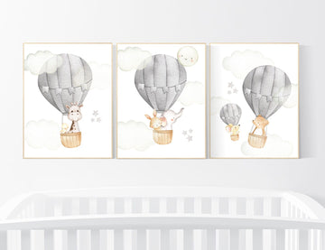 Gray nursery, grey nursery, hot air balloon, Nursery decor neutral, animal nursery, gender neutral, baby room decor, elephant, bunny giraffe