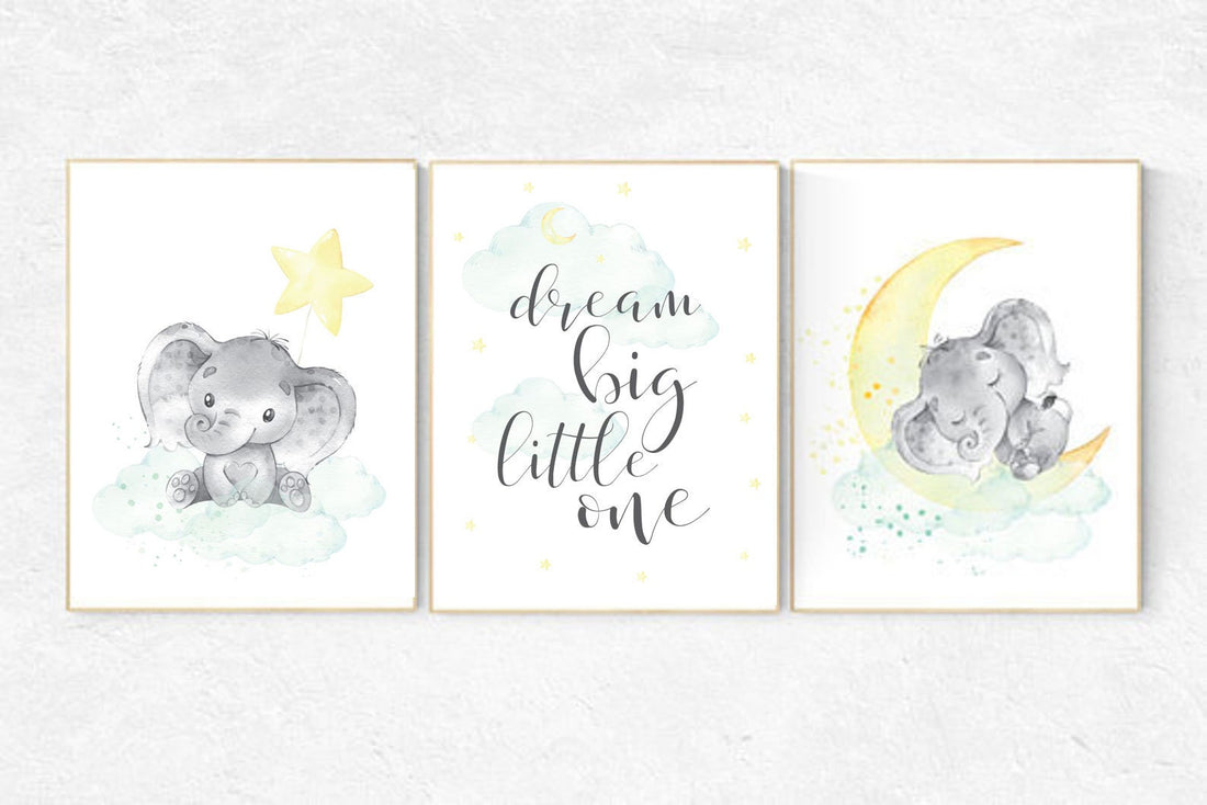 Mint and yellow nursery, nursery wall art neutral, moon and stars nursery, baby room decor, dream big little one, gender neutral nursery art