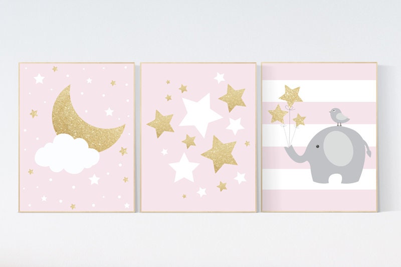 Pink gold nursery, elephant nursery, cloud nursery wall art, pink and gold, baby girl nursery, moon, stars, cloud, girl nursery ideas