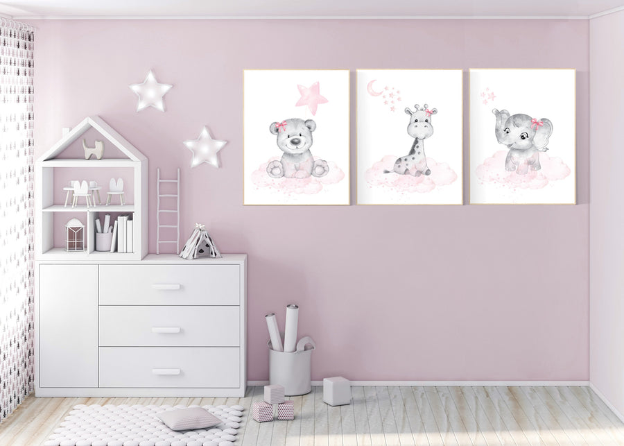 Animal nursery, nursery decor girl pink gray, nursery decor girl woodland animals, teddy bear, elephant, giraffe, baby girl nursery prints