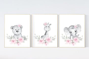 Floral jungle animals, elephant, bear, giraffe, Nursery wall art girl, girl nursery ideas, pink grey, nursery wall art girl flowers, pink