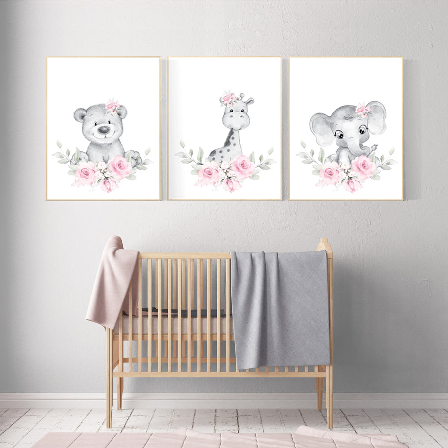 Floral jungle animals, elephant, bear, giraffe, Nursery wall art girl, girl nursery ideas, pink grey, nursery wall art girl flowers, pink