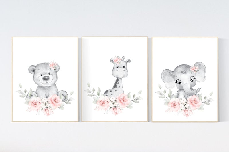 Floral jungle animals, blush nursery, nursery decor girl flowers, blush pink, nursery decor girl boho, floral nursery prints, elephant, bear