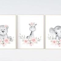 Floral jungle animals, blush nursery, nursery decor girl flowers, blush pink, nursery decor girl boho, floral nursery prints, elephant, bear