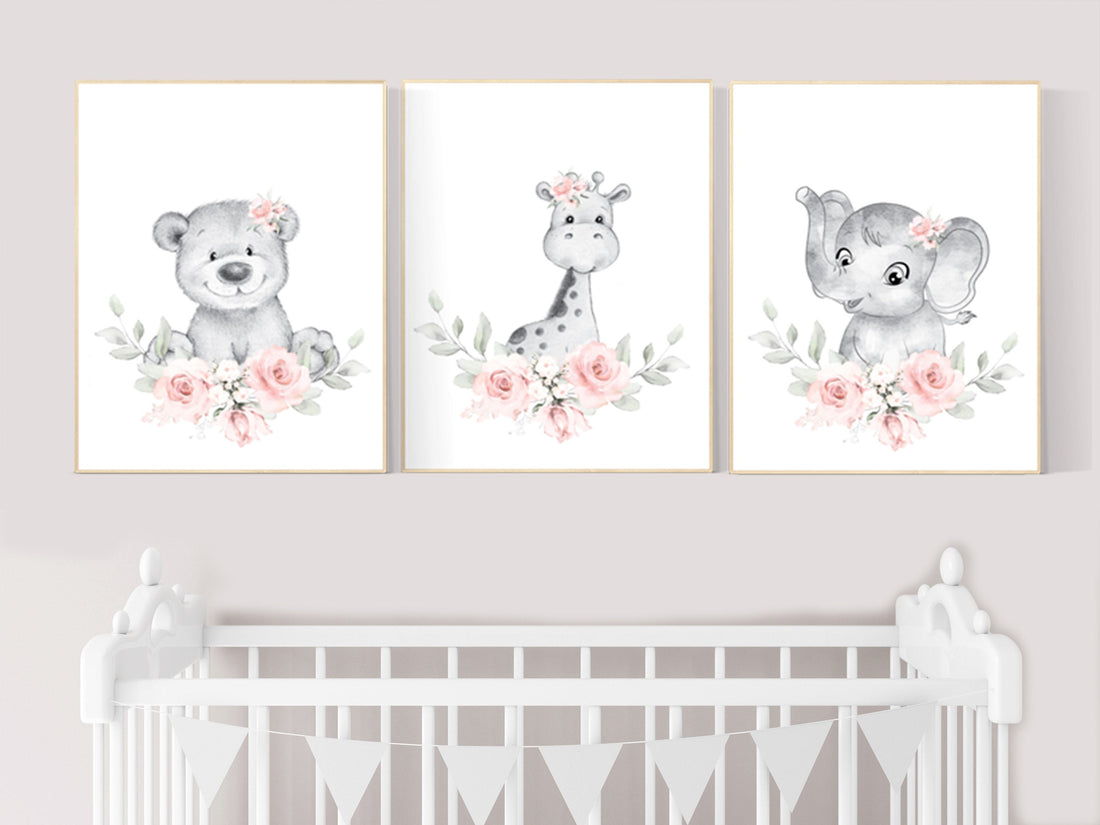 Blush nursery, Floral jungle animals, nursery decor girl flowers, blush pink, nursery decor girl boho, floral nursery prints, elephant, bear