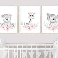 Blush nursery, Floral jungle animals, nursery decor girl flowers, blush pink, nursery decor girl boho, floral nursery prints, elephant, bear