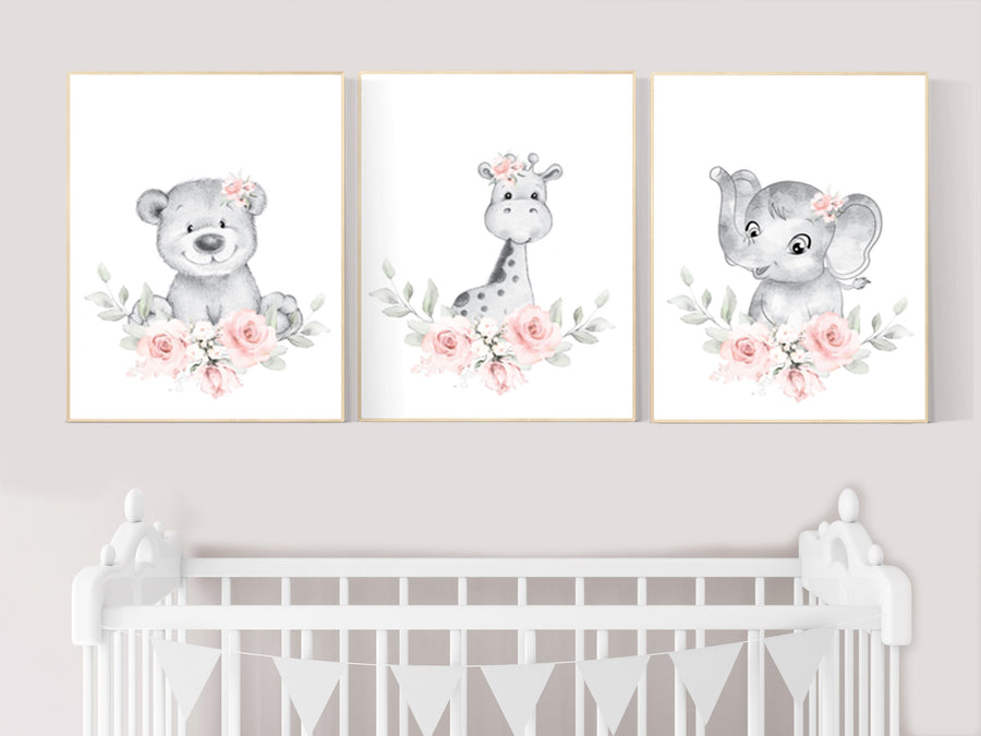 Blush nursery, Floral jungle animals, nursery decor girl flowers, blush pink, nursery decor girl boho, floral nursery prints, elephant, bear