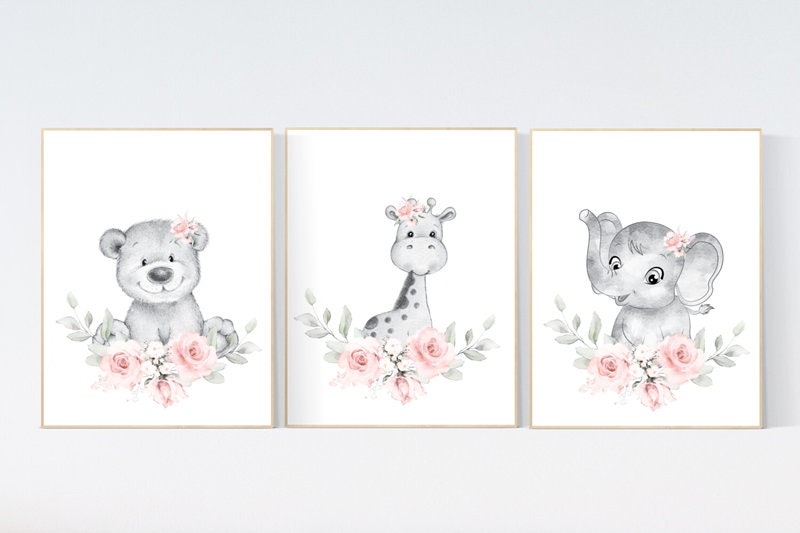 Blush nursery, Floral jungle animals, nursery decor girl flowers, blush pink, nursery decor girl boho, floral nursery prints, elephant, bear