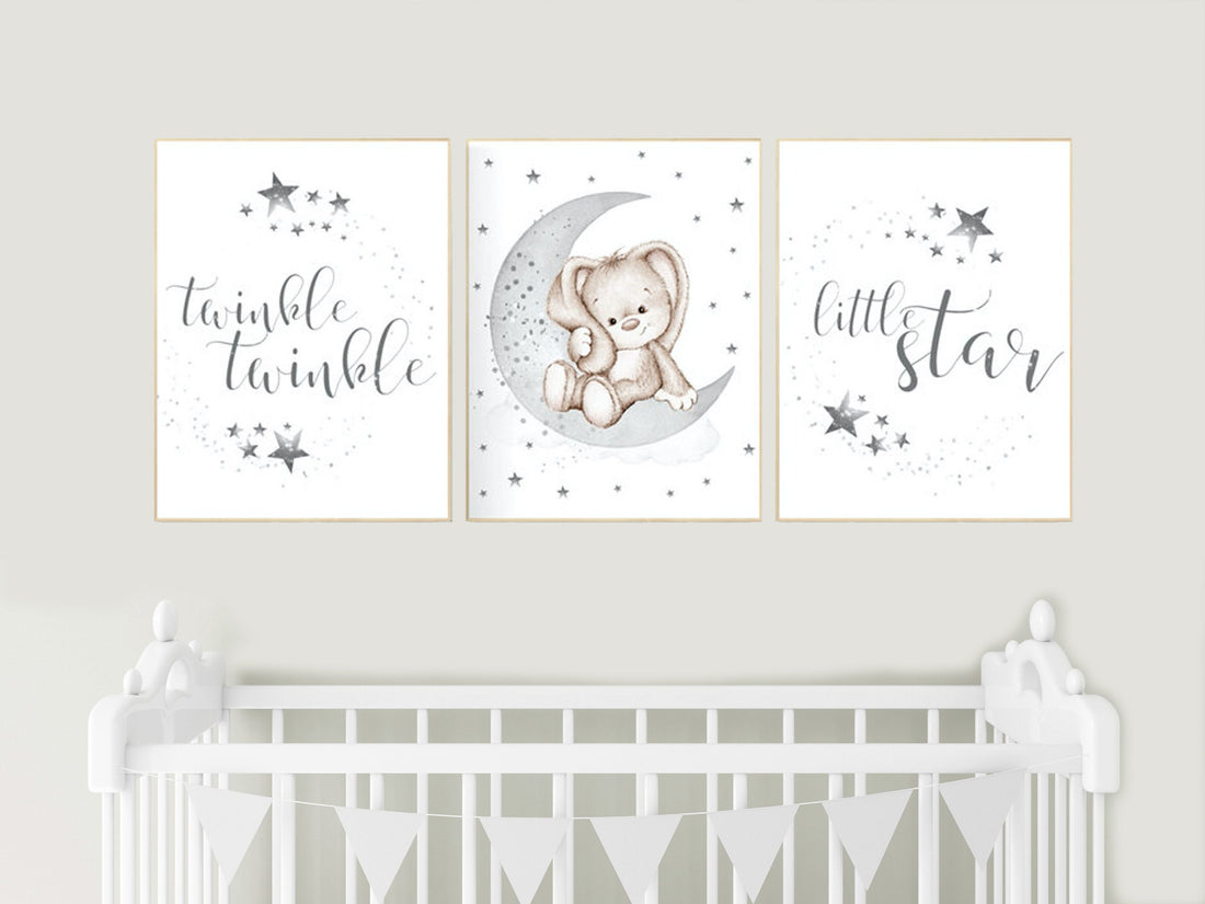 Gray nursery, gender neutral, grey, bunny, rabbit, Twinkle twinkle little star, Nursery decor neutral, cloud, moon and stars, twin nursery