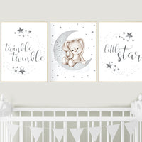 Gray nursery, gender neutral, grey, bunny, rabbit, Twinkle twinkle little star, Nursery decor neutral, cloud, moon and stars, twin nursery