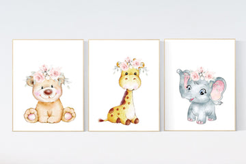 Nursery decor floral jungle, nursery decor animals, Nursery wall art girl elephant, giraffe, bear, pink, purple, girl nursery wall decor