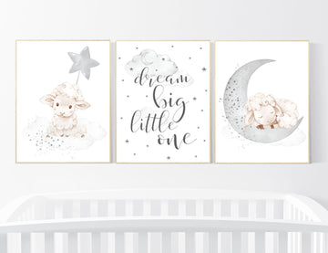 Sheep nursery decor, Gray nursery decor, nursery decor lambs, nursery wall art sheep, moon and cloud wall art nursery gender neutral nursery