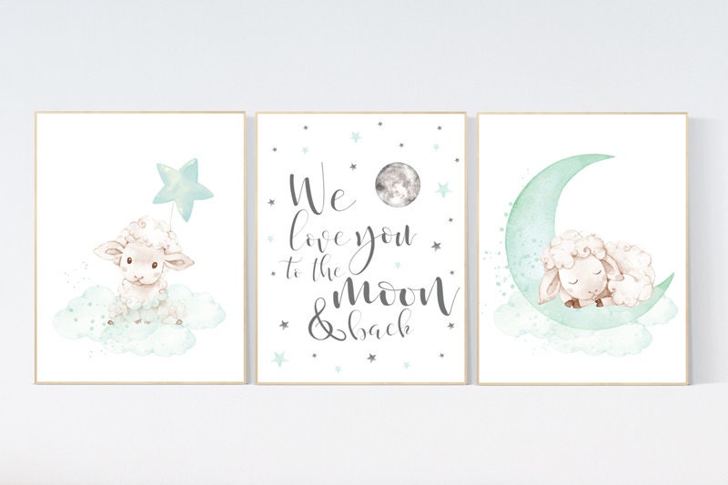 Mint nursery decor, nursery decor lambs, Sheep nursery decor, nursery wall art sheep, gender neutral nursery, cloud and star, mint green