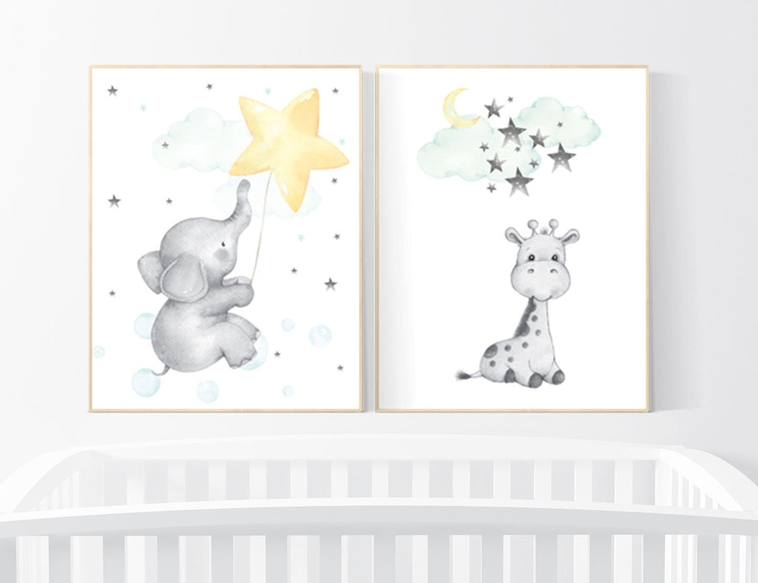 Elephant nursery art, giraffe nursery, mint yellow nursery, neutral nursery prints, cloud nursery, star nursery decor, gender neutral