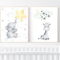 Elephant nursery art, giraffe nursery, mint yellow nursery, neutral nursery prints, cloud nursery, star nursery decor, gender neutral