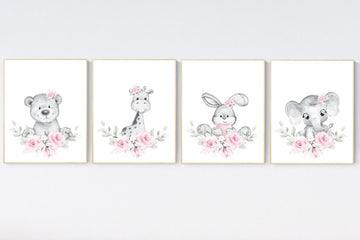 Nursery decor floral jungle, woodland animals, animal nursery prints, elephant, bear, giraffe, bunny, nursery decor girl flowers, pink grey