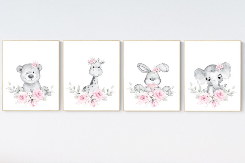Nursery decor floral jungle, woodland animals, animal nursery prints, elephant, bear, giraffe, bunny, nursery decor girl flowers, pink grey