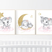 Girl nursery decor, pink elephant nursery prints,  nursery wall art girl, baby girl elephant nursery decor, pink and gold nursery art