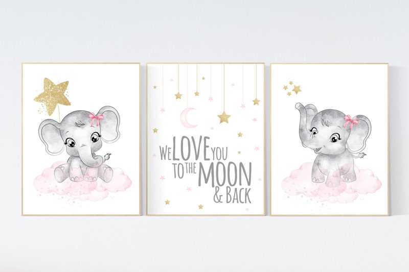 Nursery wall art girl elephant, pink and gold, Nursery decor girl, pink gold nursery prints, animal prints, girl nursery ideas, elephant