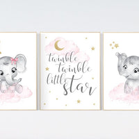 Elephant nursery art, elephant nursery print, pink and gold, Nursery wall art girl elephant, twinkle twinkle little star, nursery decor girl