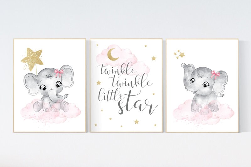 Elephant nursery art, elephant nursery print, pink and gold, Nursery wall art girl elephant, twinkle twinkle little star, nursery decor girl