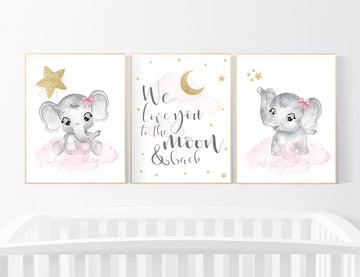 Nursery decor girl, elephant nursery print, pink and gold, Nursery wall art girl, we love you to the moon and back, nursery decor girl