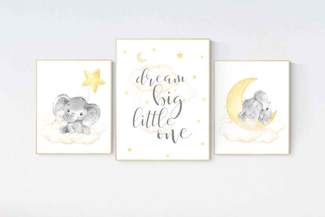 Yellow nursery wall art, nursery wall art elephant, moon and stars, gender neutral, yellow and gray nursery art, baby room decor, neutral