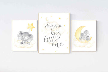 Yellow nursery wall art, nursery wall art elephant, moon and stars, gender neutral, yellow and gray nursery art, baby room decor, neutral