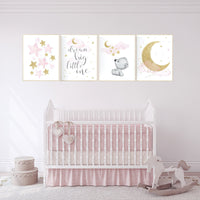 Nursery decor girl pink gold, bear nursery, pink and gold nursery art, cloud and stars, dream big little one, teddy bear, set of 4 prints